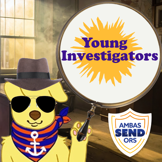 CHYP, the cartoon dog, disguised as a detective, holds up a magnifying glass that displays "Young Investigators"